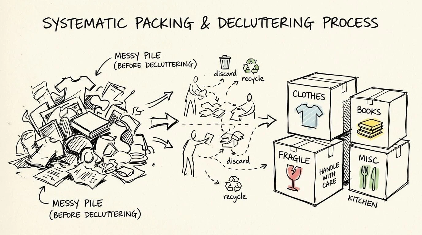 Diagram of decluttering and packing process steps