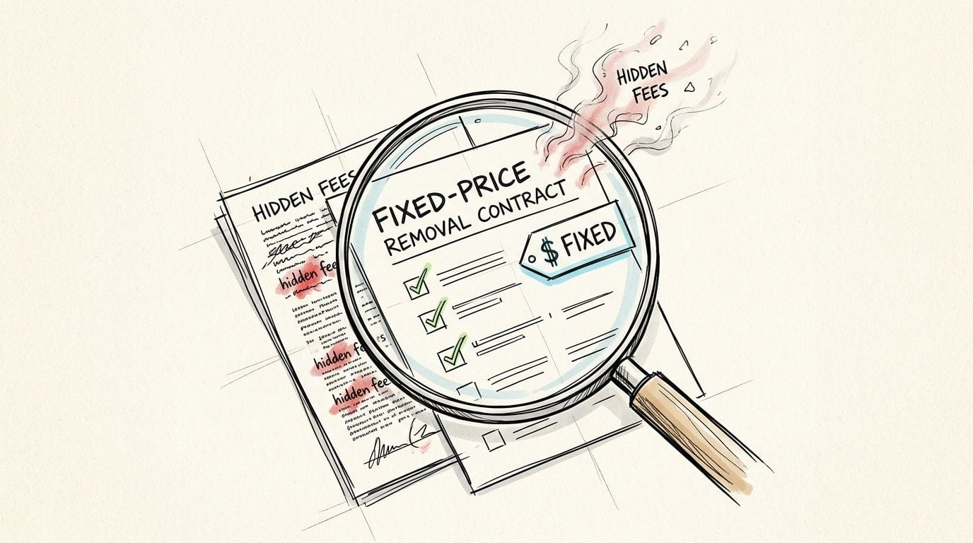 Magnifying glass over fixed-price removal contract, no hidden fees