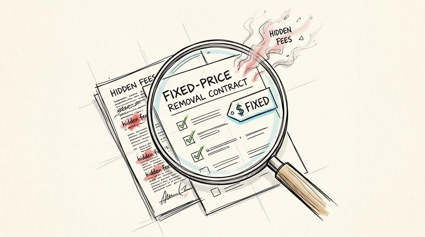 Magnifying glass over fixed-price removal contract, no hidden fees