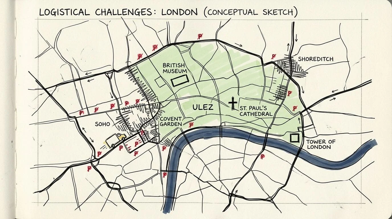 Conceptual sketch map of London ULEZ and landmarks