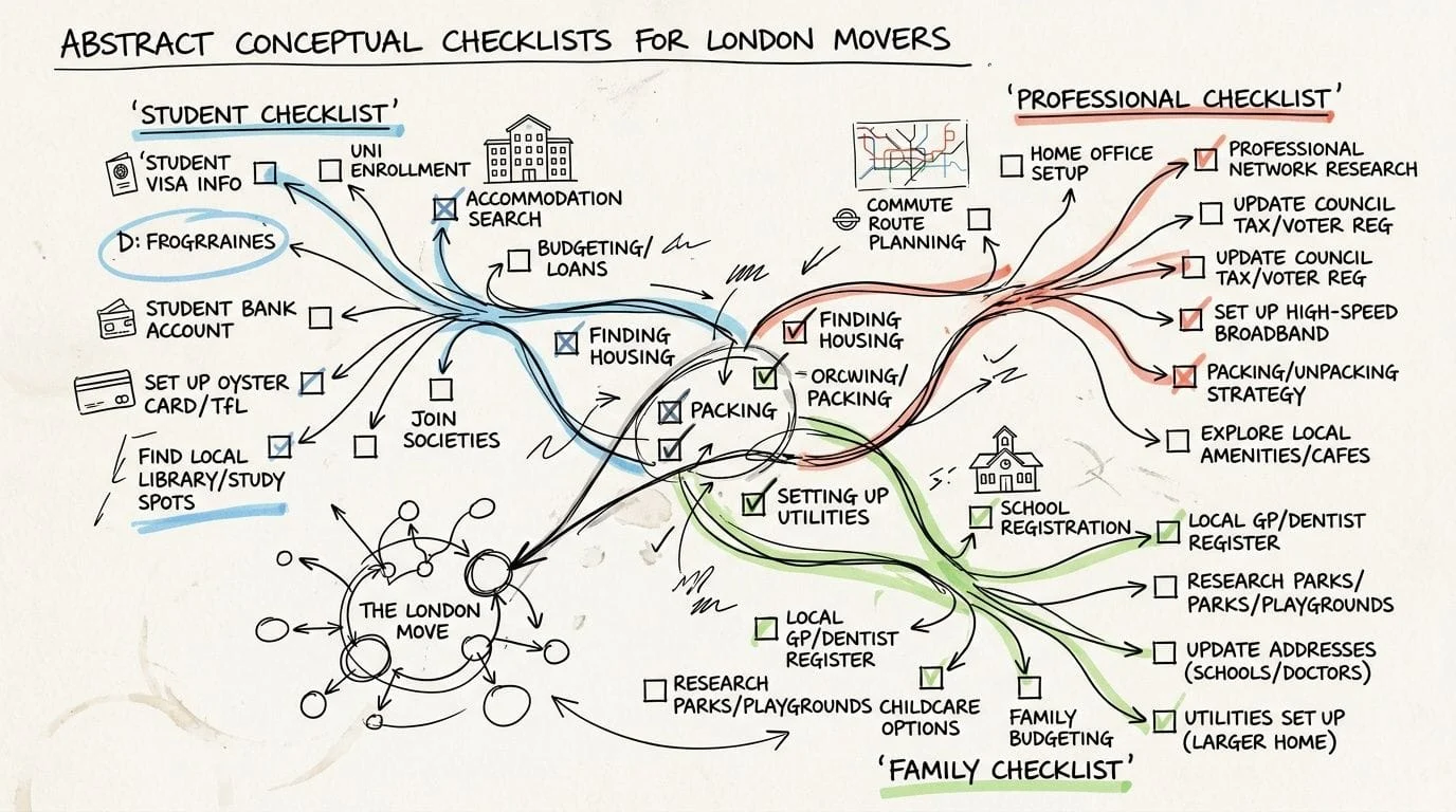 Mind map of London movers checklist categories