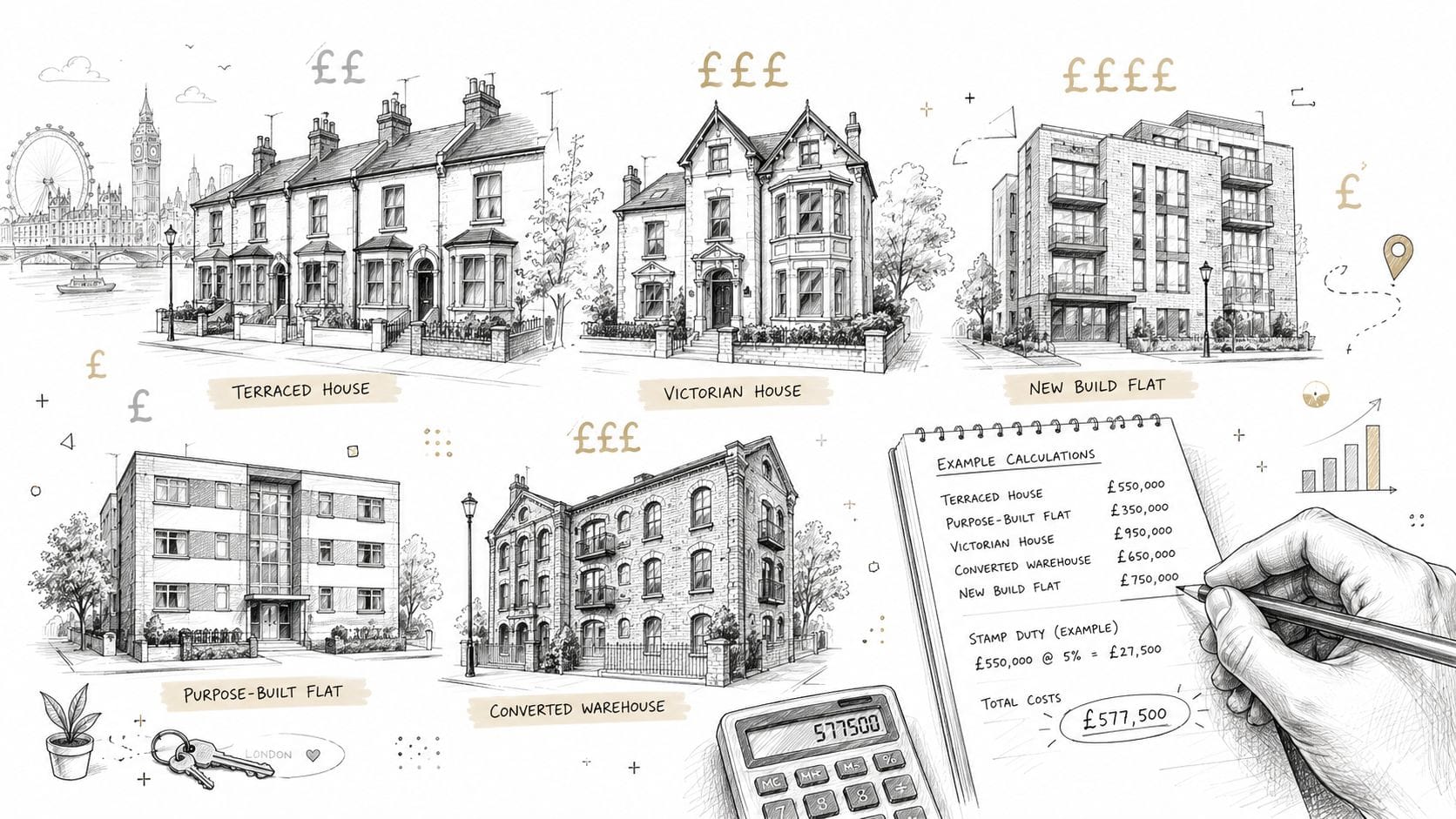 Illustrated UK property types with prices and costs