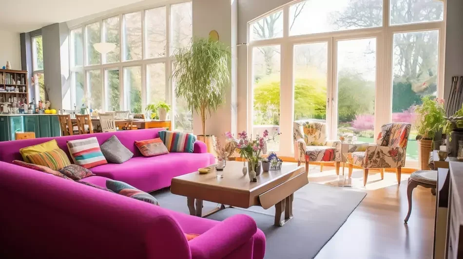Bright modern living room with a pink sofa and large windows