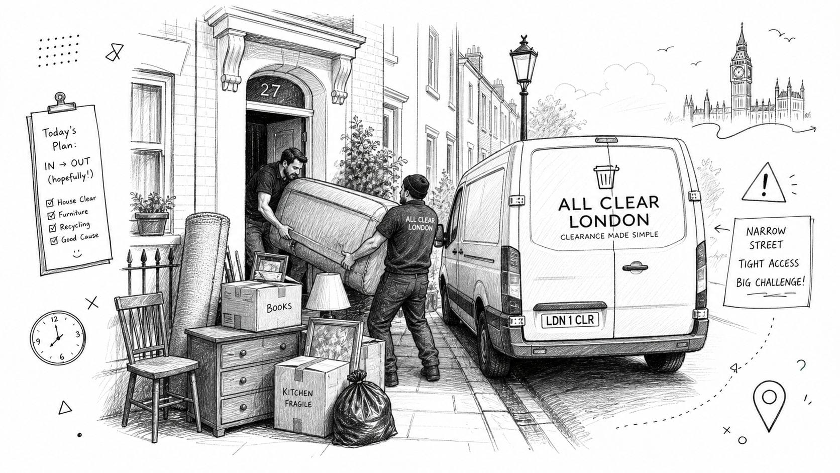 A loaded van being packed with furniture and boxes during a house clearance move.