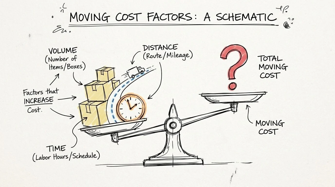 Schematic showing moving cost factors on balance scale