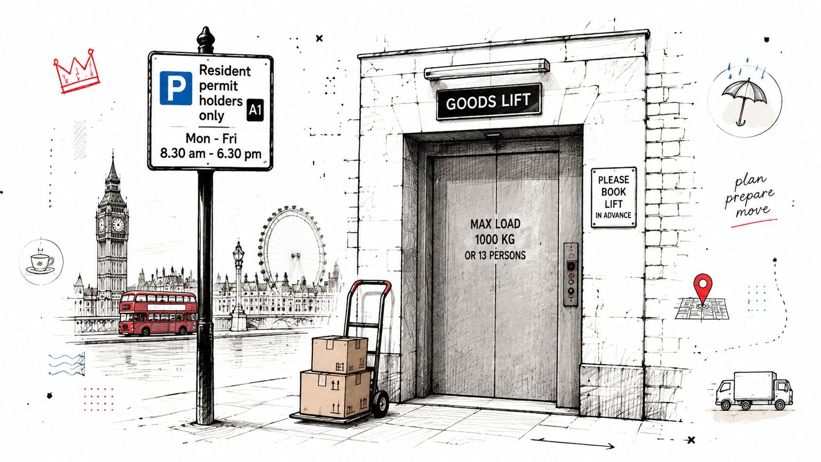 A black and white illustration depicting a goods lift in London with boxes on a dolly.
