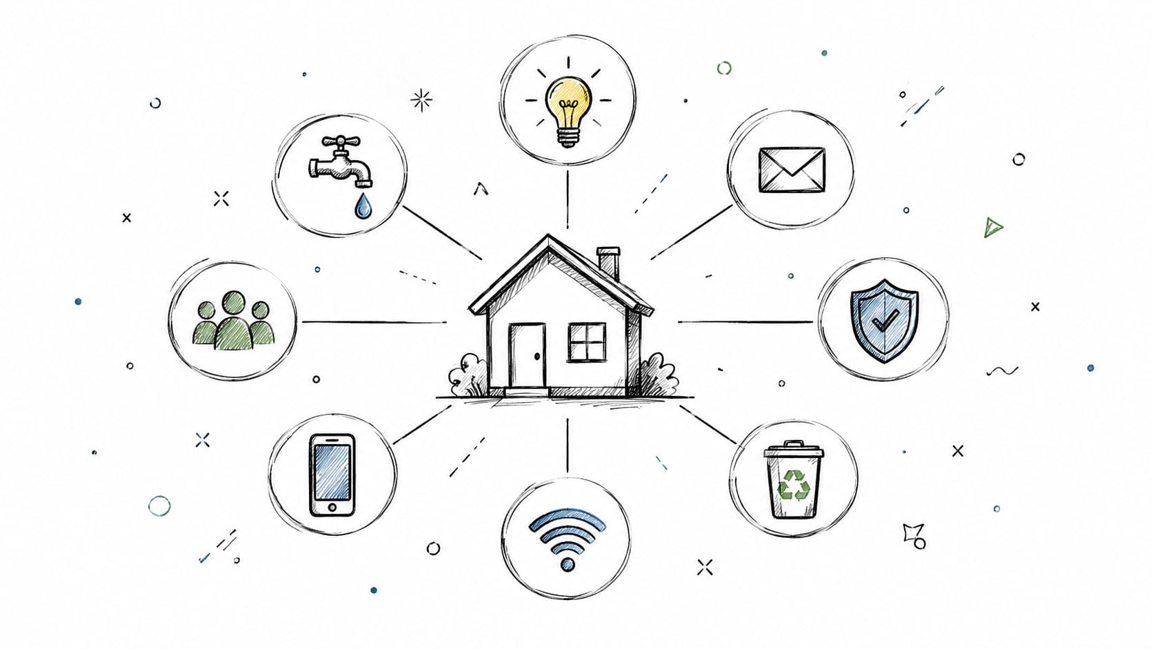 A house illustration surrounded by various icons representing utility and home management services like internet and security.