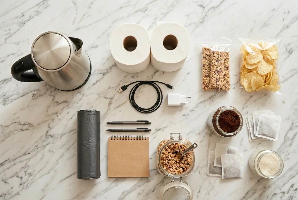 Household essentials including kettle, toilet rolls, snacks and supplies