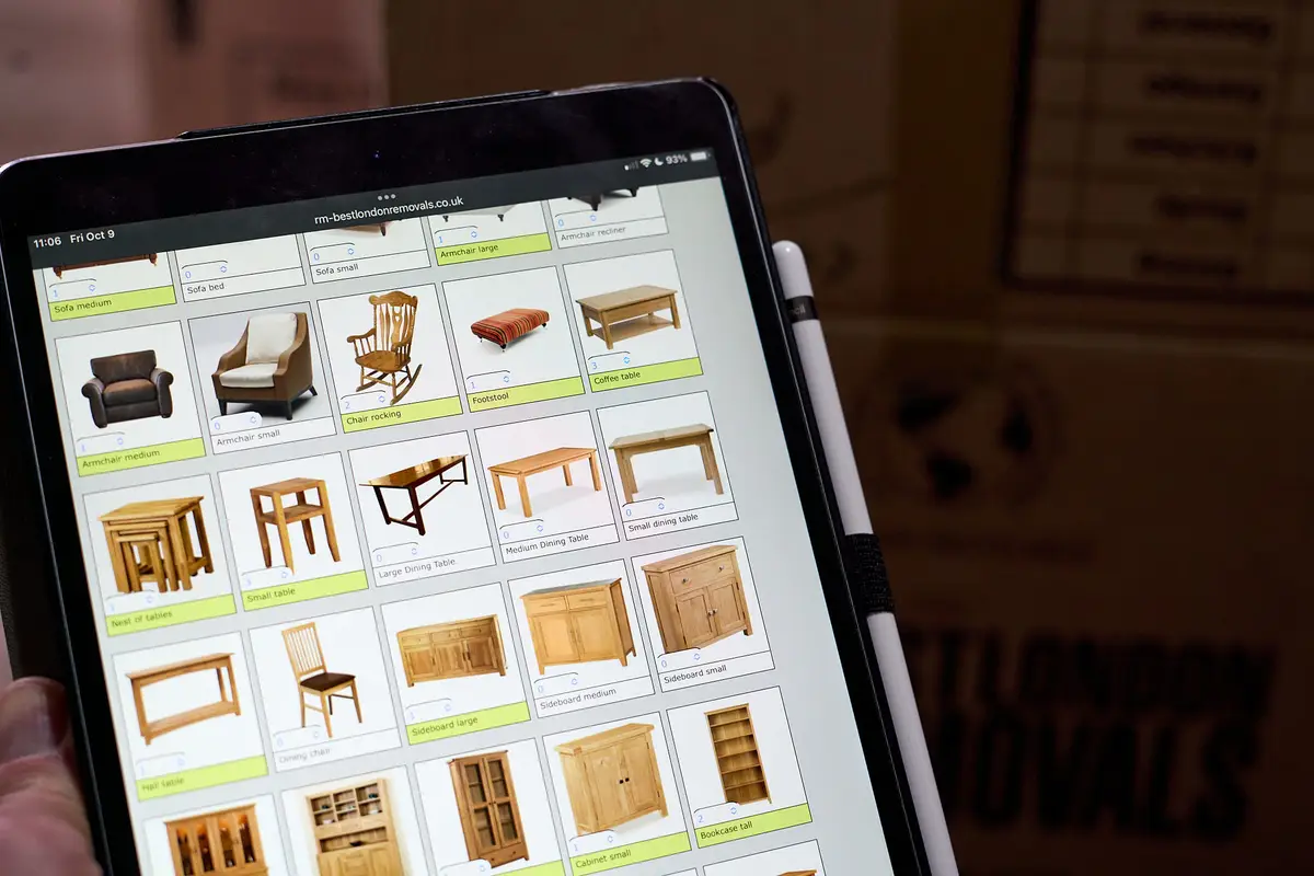 iPad displaying furniture inventory app for London removals company