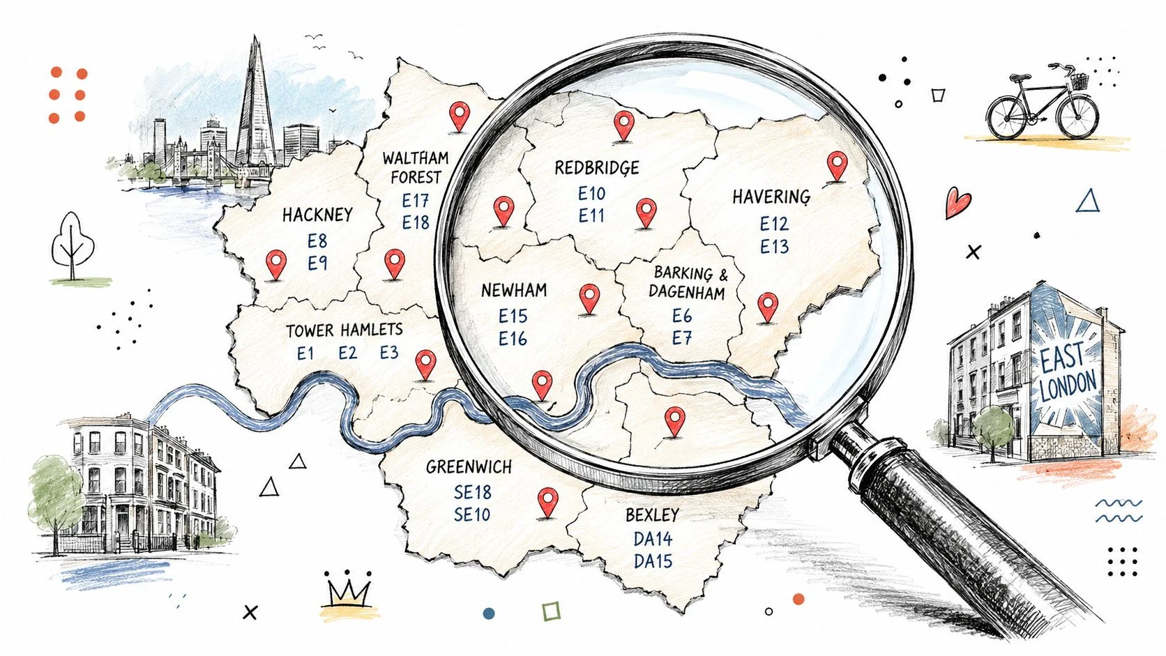 Illustrated map of East London boroughs and postcodes