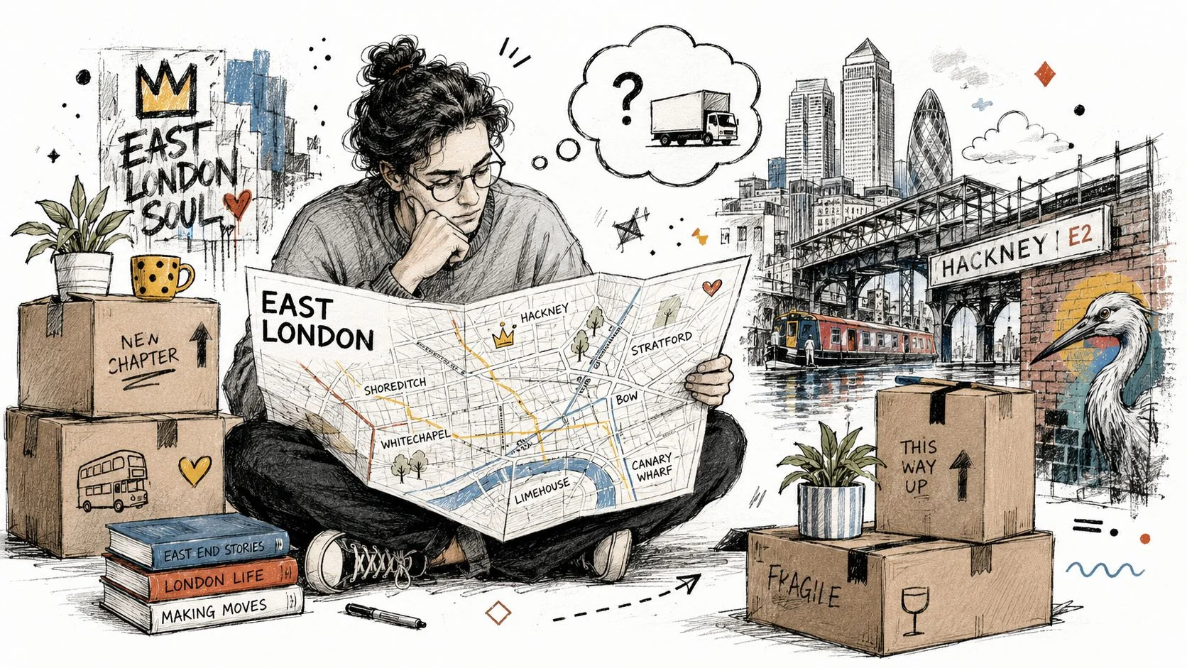 Person studying East London map with moving boxes