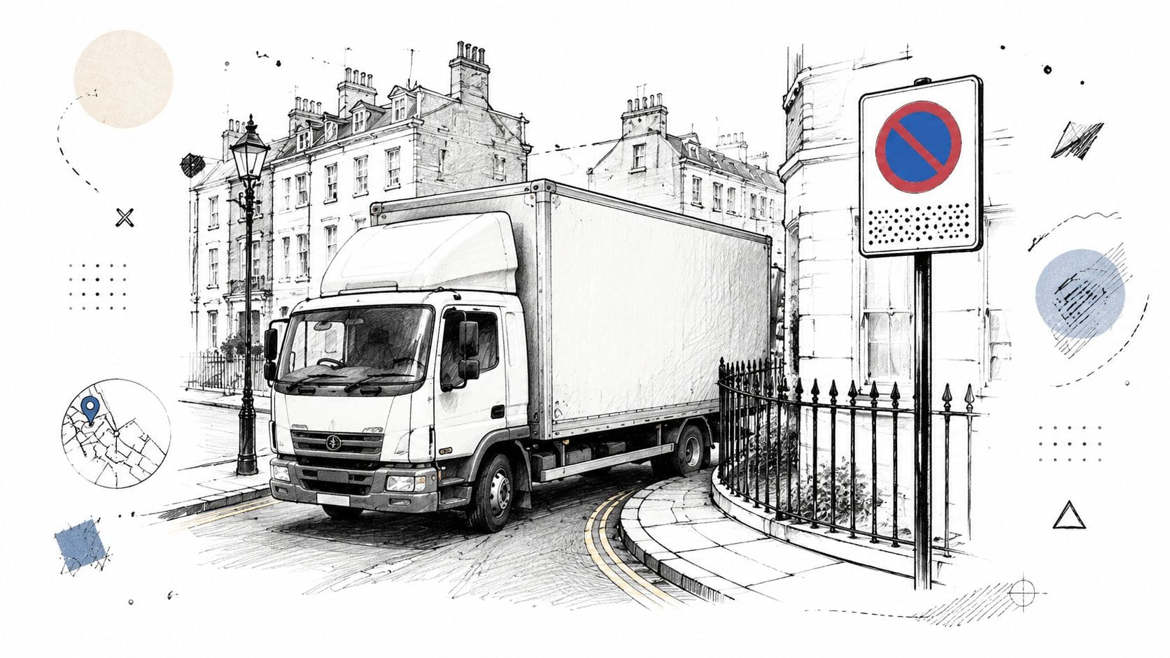 Delivery lorry on narrow street with no-parking sign