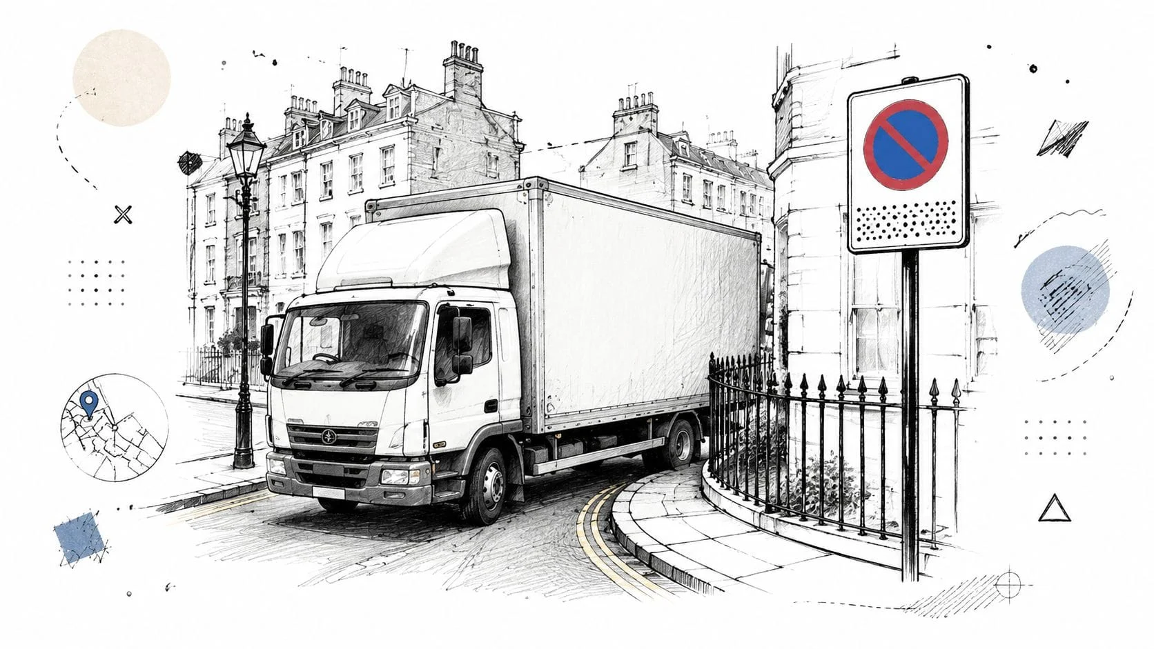 Delivery lorry on narrow street with no-parking sign