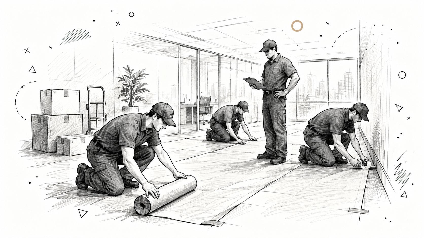 Workers installing flooring in modern office space