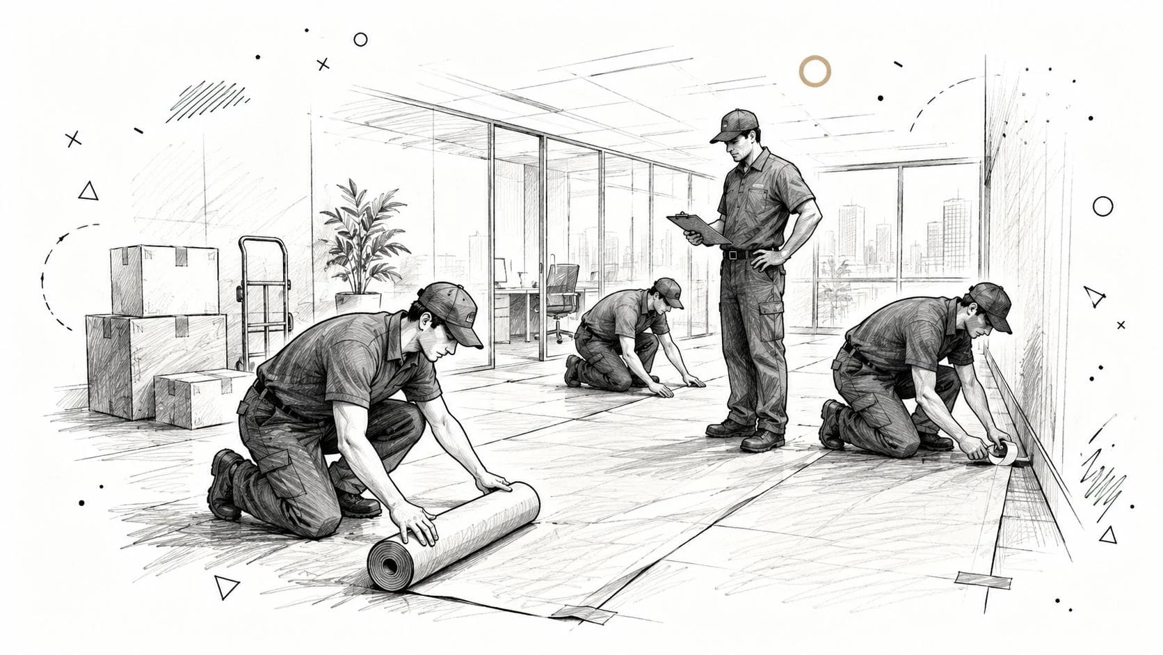 Workers installing flooring in modern office space