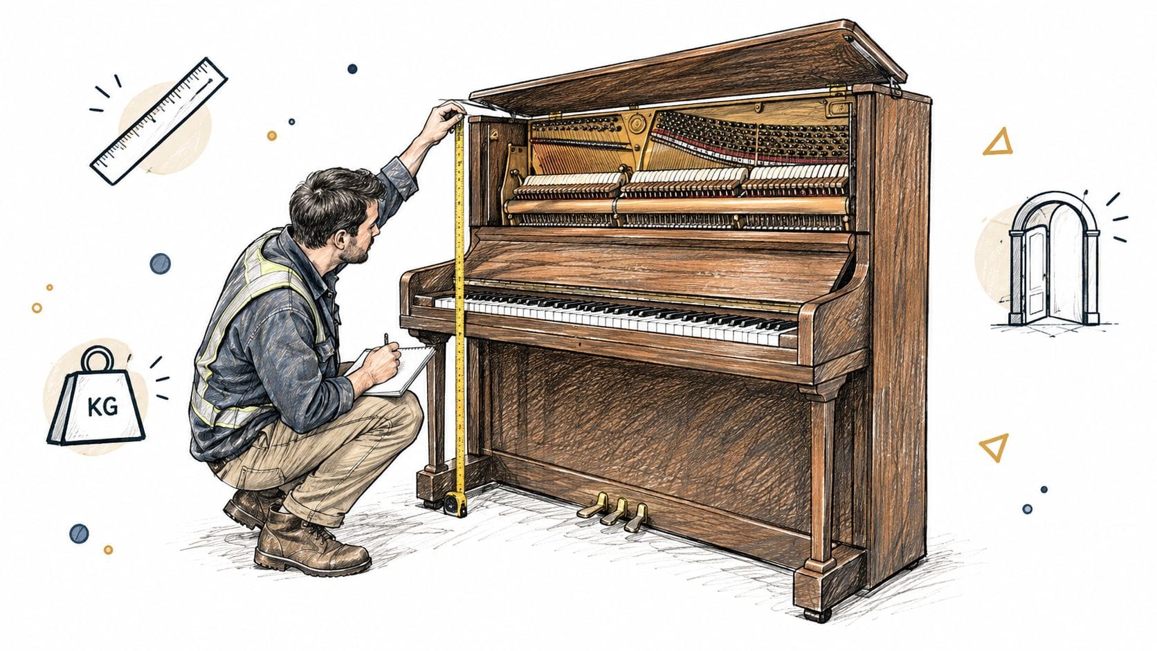 A professional mover measuring an upright piano to plan for a safe and efficient relocation.