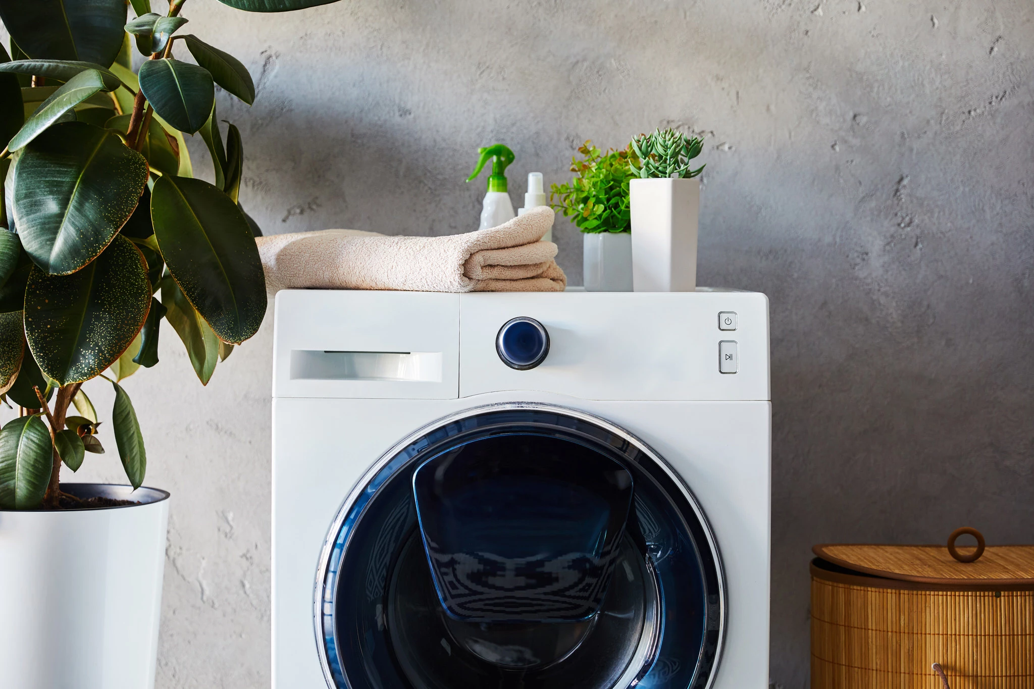 Front view of a washing machine with towel, plants, and spray bottles on top