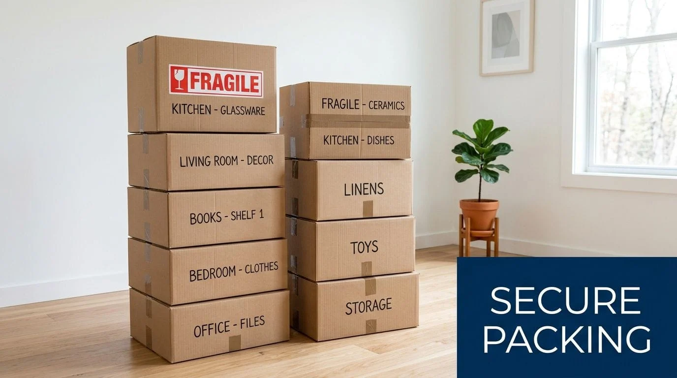 Stacked labelled moving boxes in bright empty room