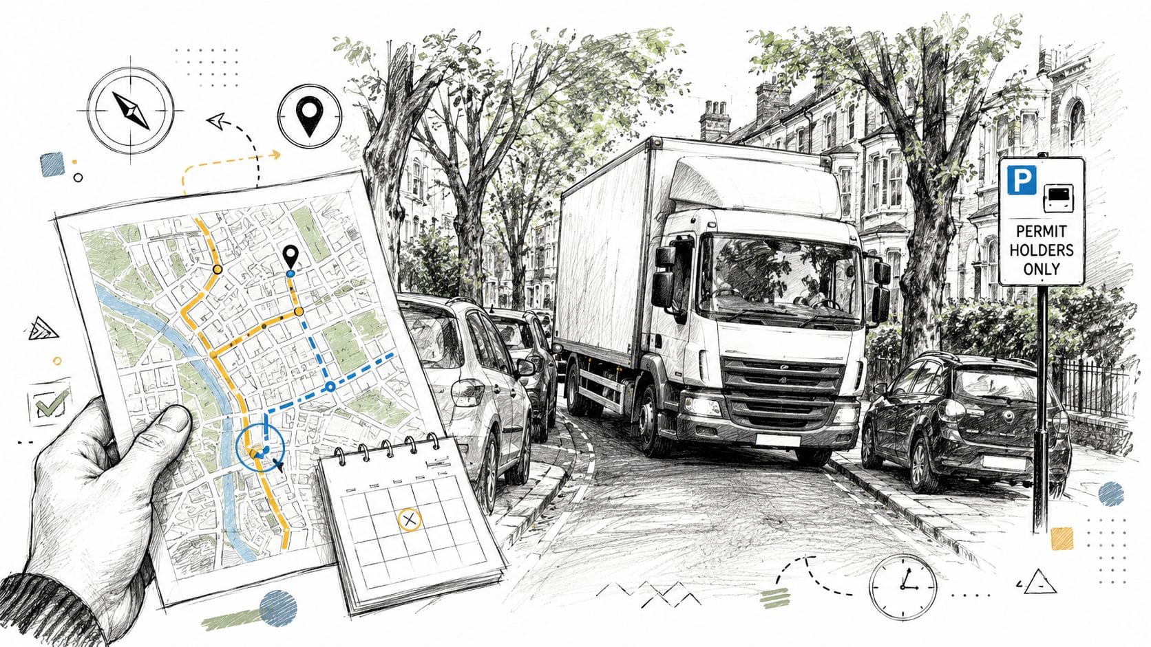 Delivery lorry on residential street with permit parking sign