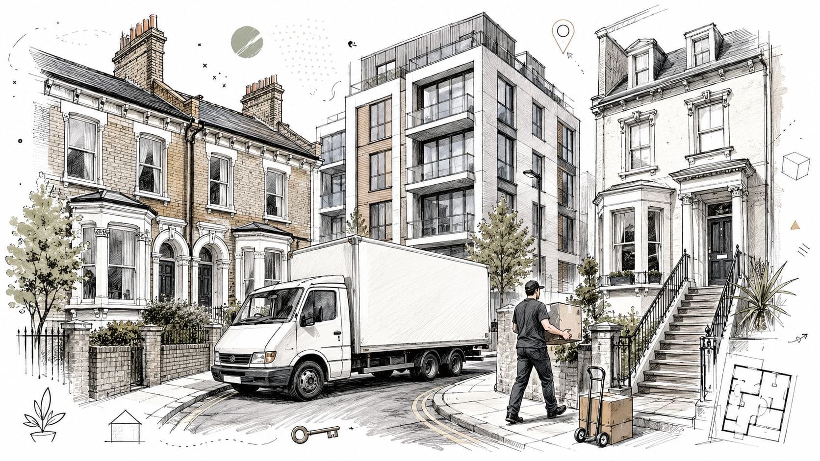 Removal van outside London townhouses and modern flats