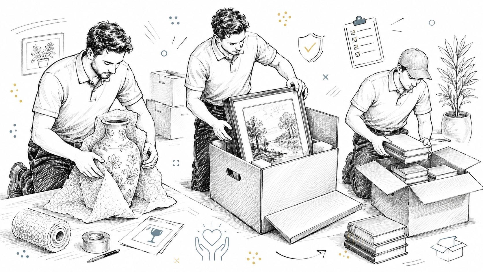 Man carefully packing household items into boxes