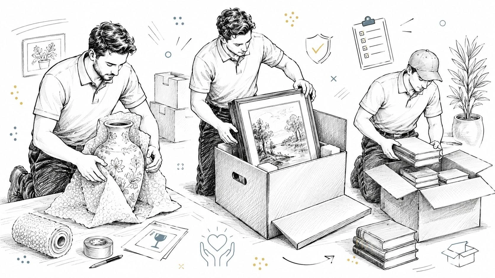 Man carefully packing household items into boxes