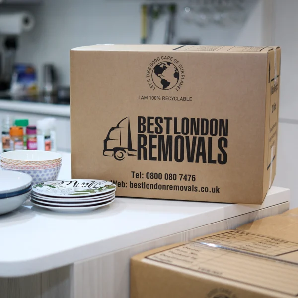 Small moving box on top of kitchen worktop - fragile packing