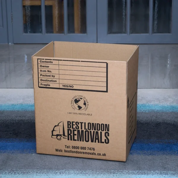 Cardboard removal box labelled Best London Removals