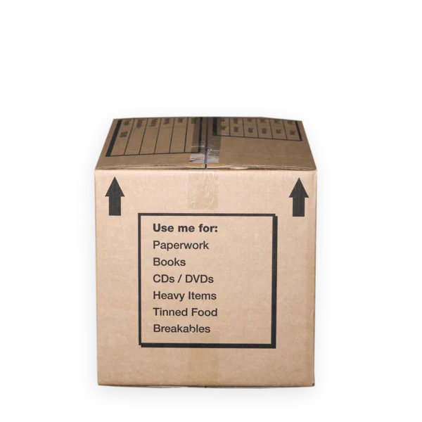 Cardboard moving box labelled for books and breakables