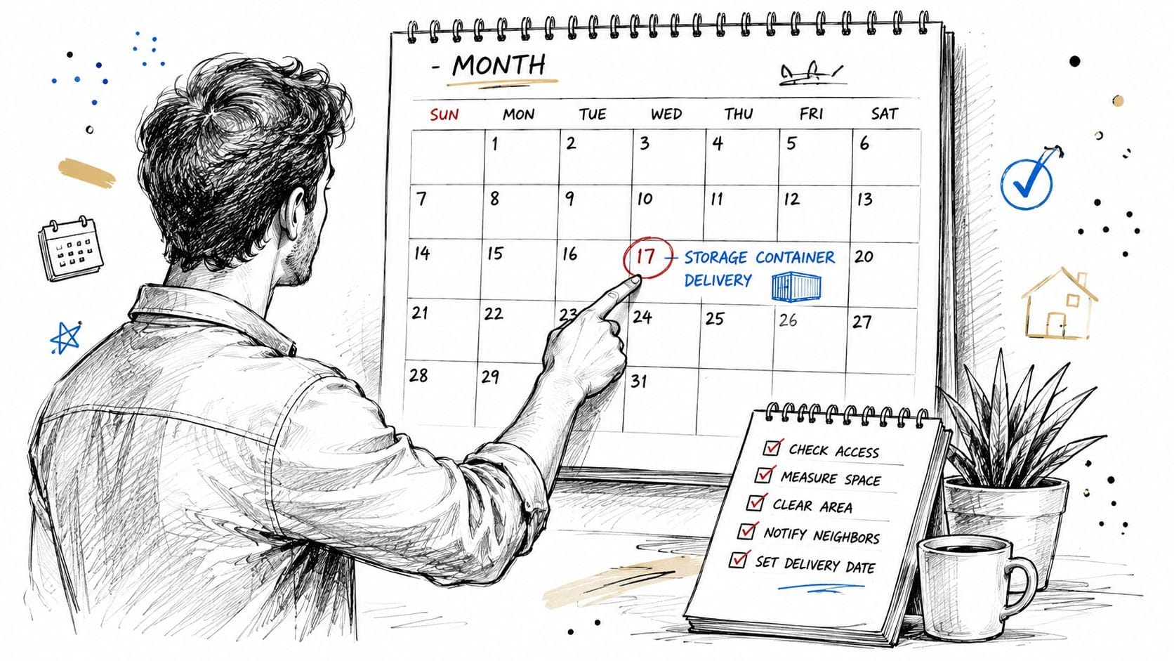 A man pointing at the date of seventeenth on a wall calendar to schedule storage container delivery.