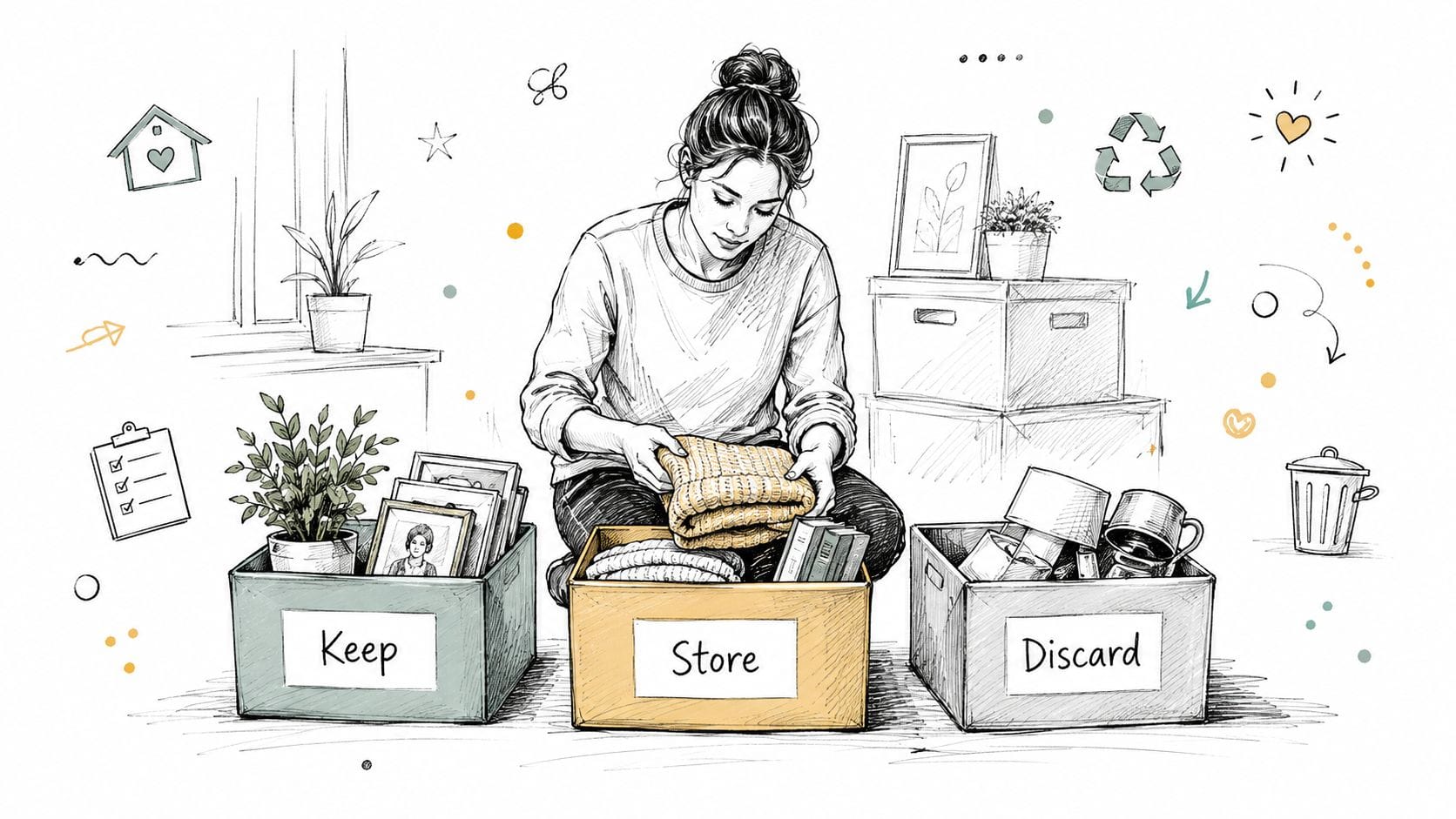 A woman kneeling on the floor, organizing her belongings into labeled Keep, Store, and Discard cardboard boxes.