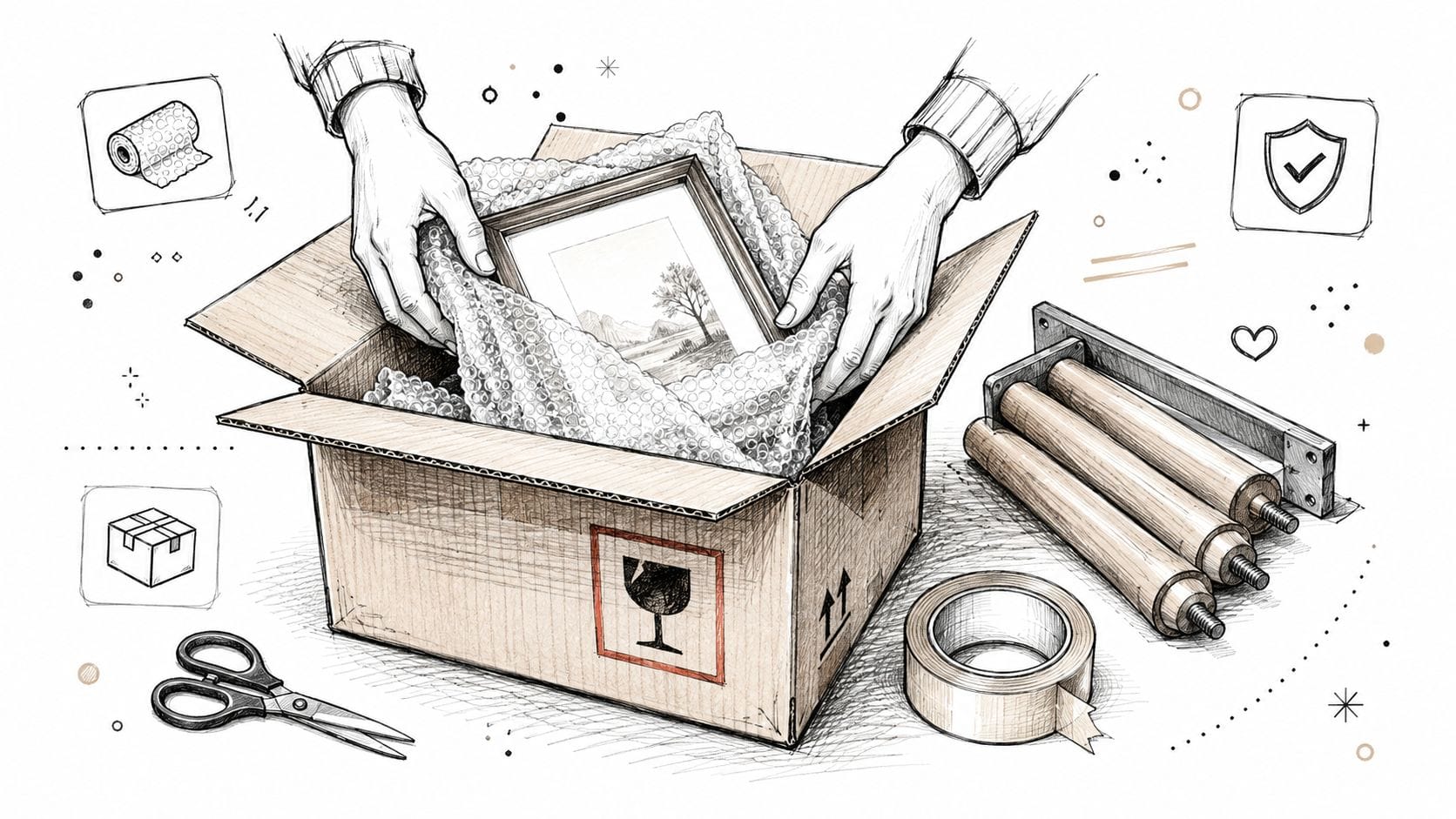 A hand-drawn illustration showing a person carefully packing a framed picture into a cardboard box