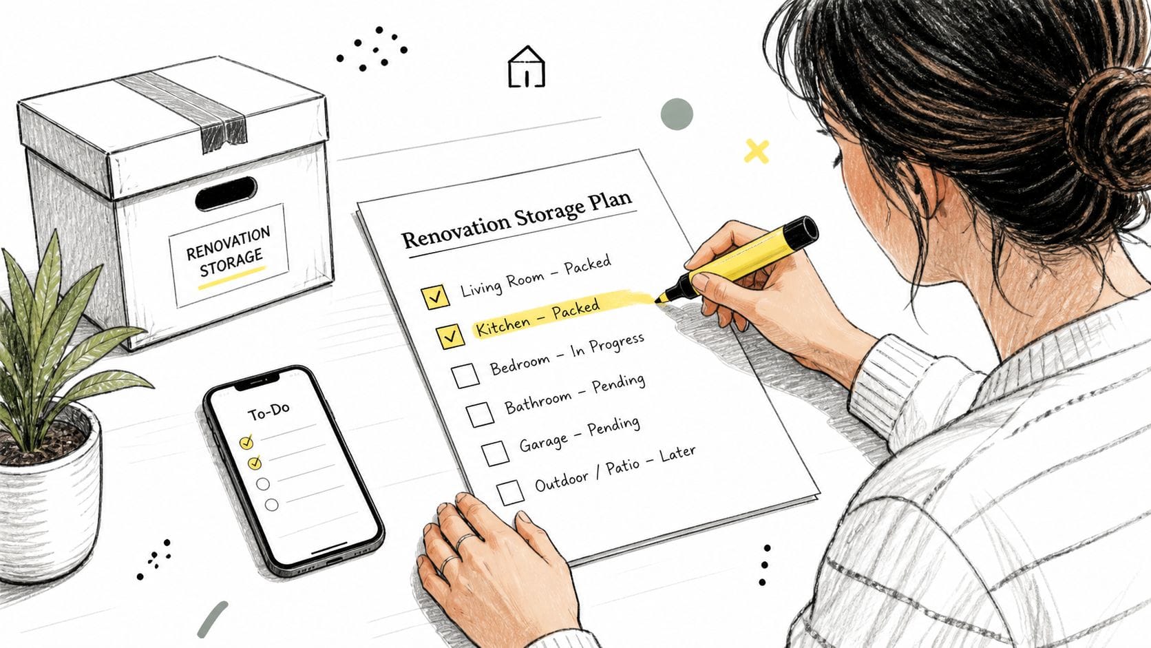 A woman sketching a home renovation storage plan on a paper checklist with a yellow highlighter.