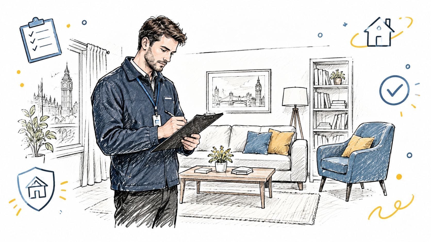 A professional inspector writing on a clipboard in a furnished living room, representing home storage insurance coverage assessment.