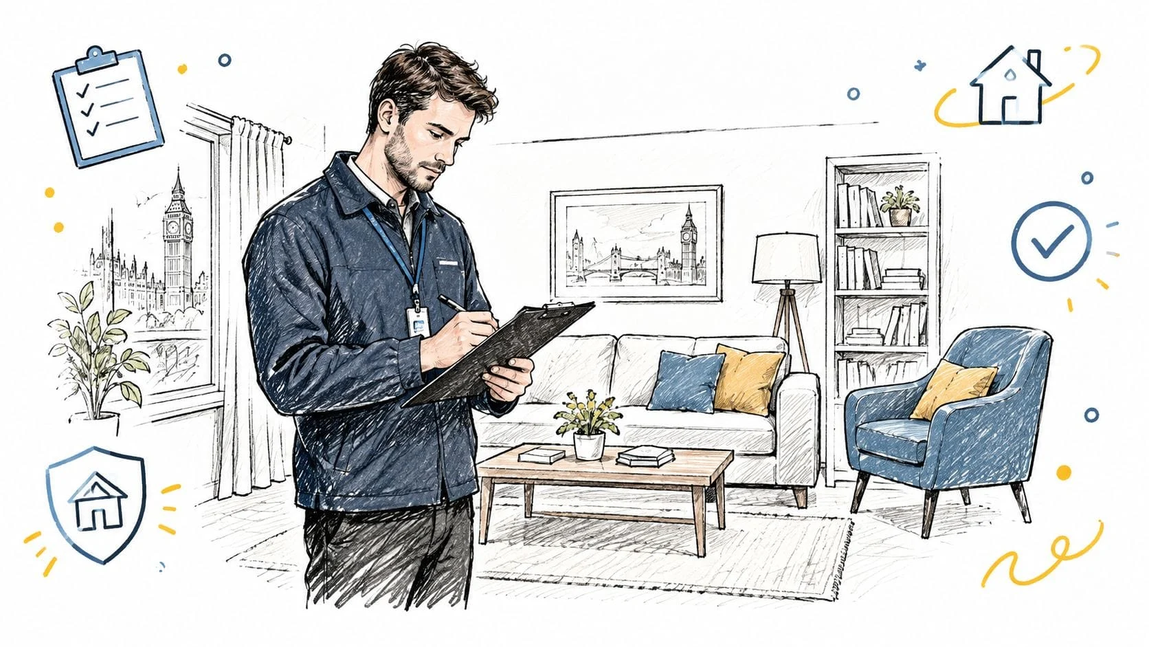 Property inspector writing on clipboard in London living room