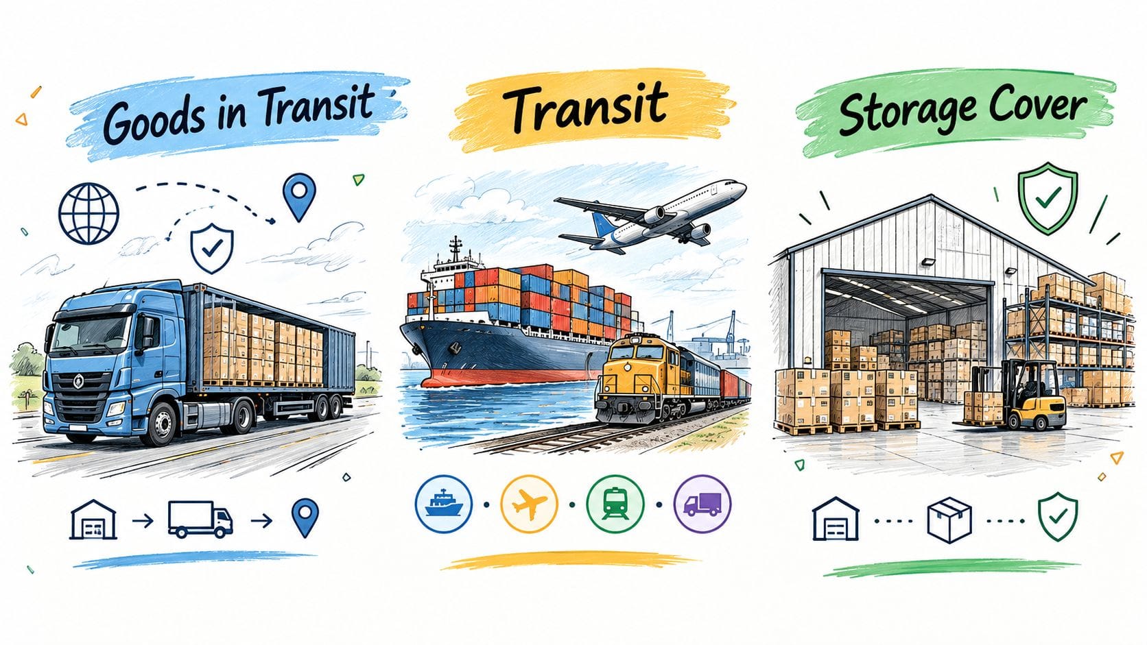 An illustration showing three logistics insurance concepts including goods in transit, various transport methods, and warehouse storage cover.