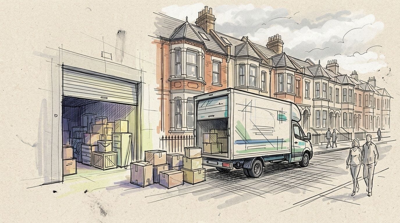 Removal van outside Victorian terraced houses with boxes