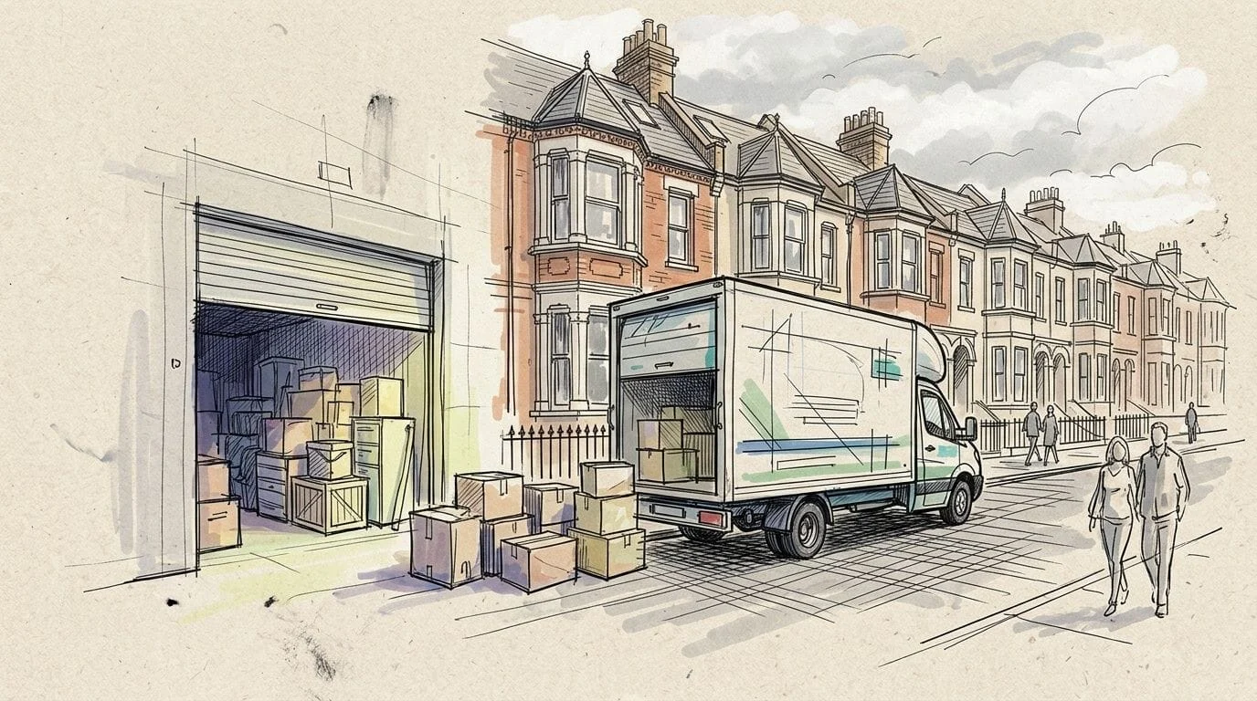 Removal van outside Victorian terraced houses with boxes