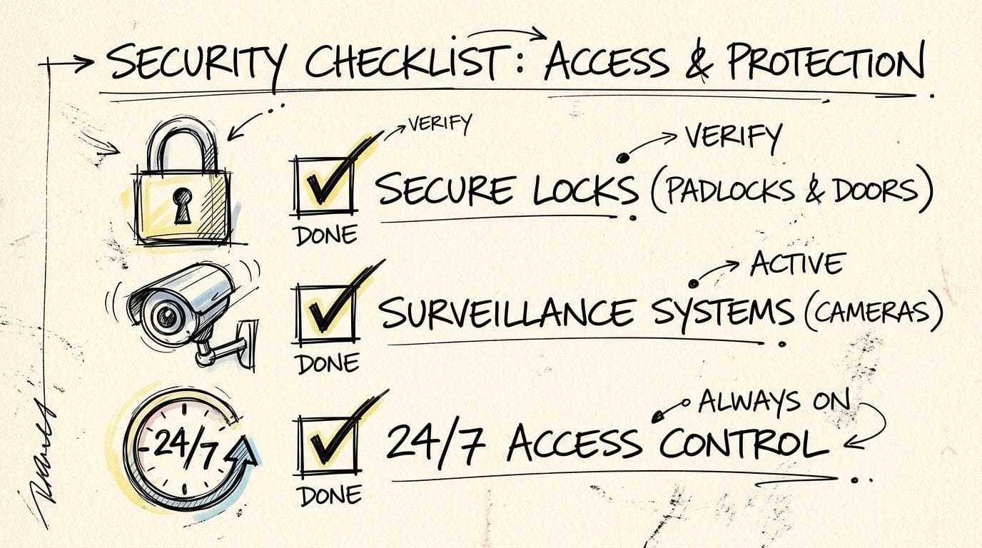 Security checklist with locks, cameras and 24/7 access