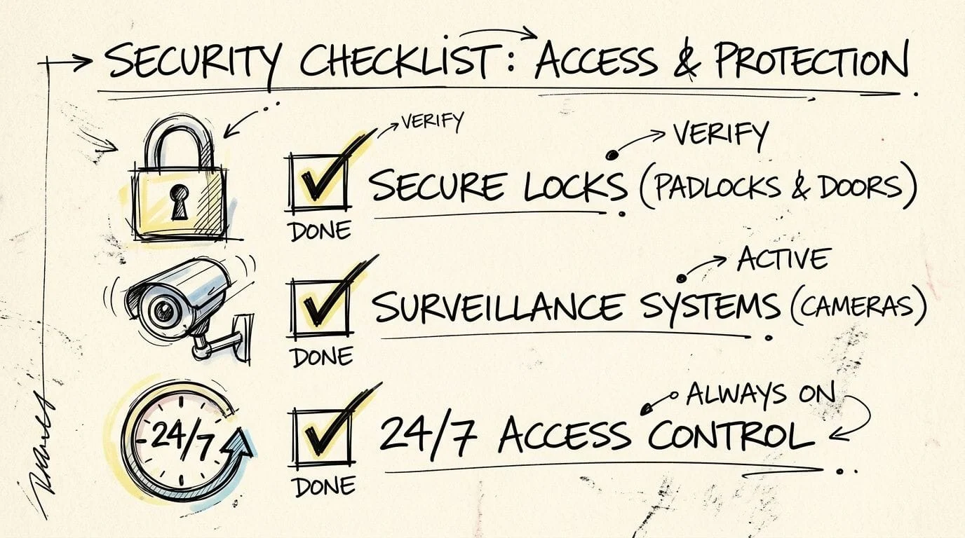 Security checklist with locks, cameras and 24/7 access