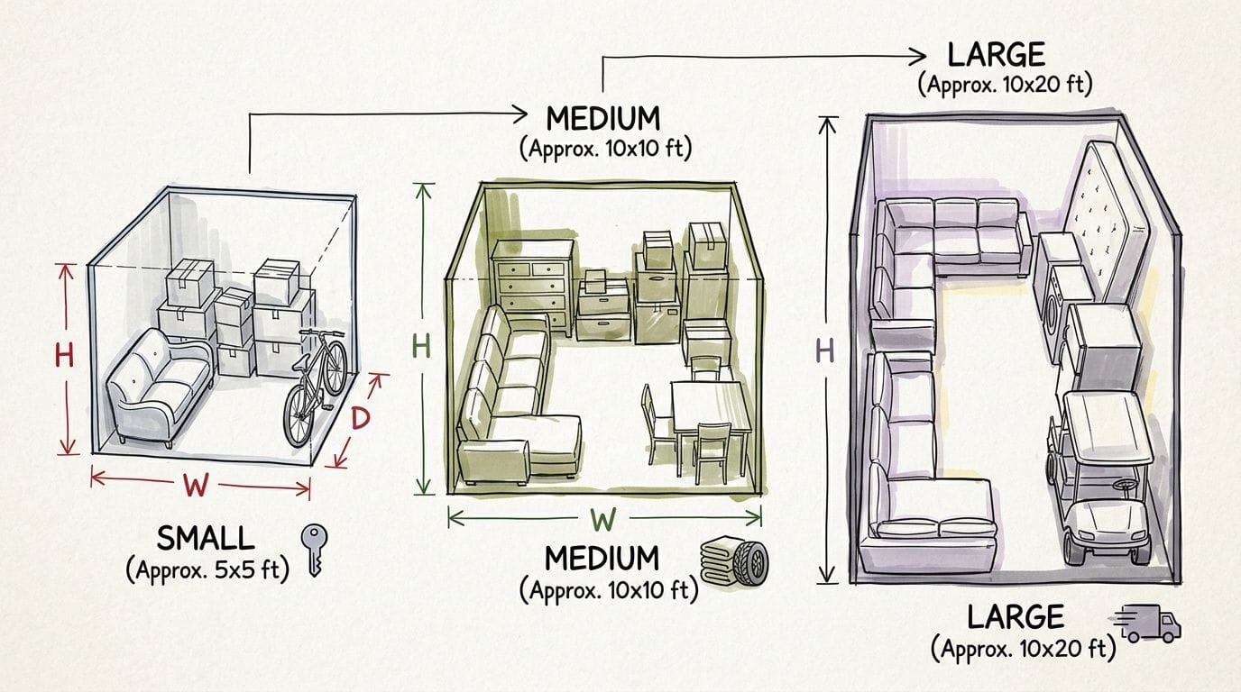 Illustration comparing small, medium and large storage units