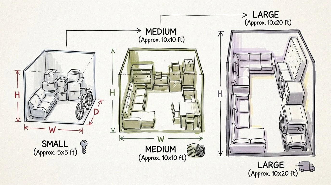 Illustration comparing small, medium and large storage units