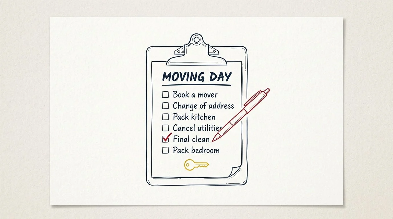 Moving day checklist on clipboard with pen and key