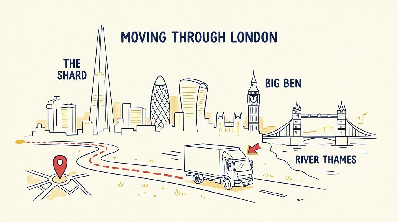 Illustrated truck moving through London landmarks skyline