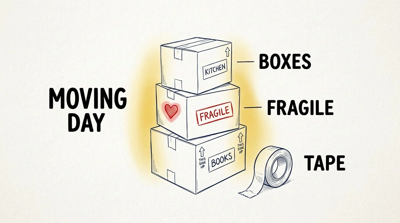 Stacked moving boxes labelled kitchen, fragile, books and tape