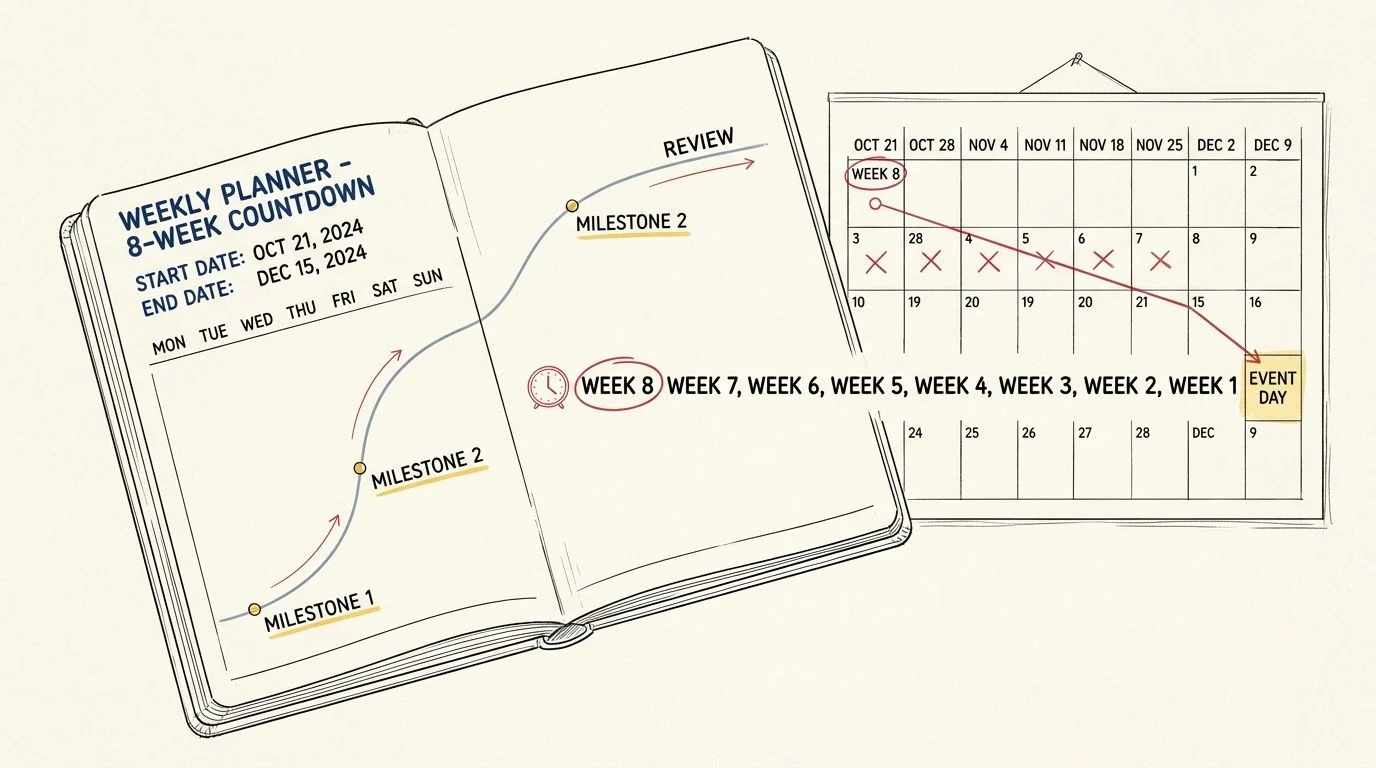 Eight week planner countdown with milestones and event day calendar