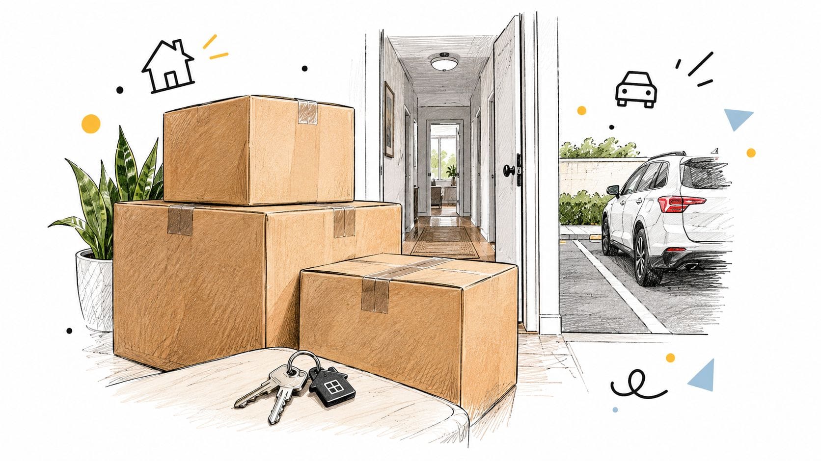 Cardboard moving boxes, a set of house keys, and a car parked outside a new home interior.